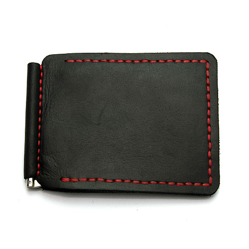 Шкіряний зажим для грошей Gofin чорний з червоною ниткою ручної роботи SKG-10015