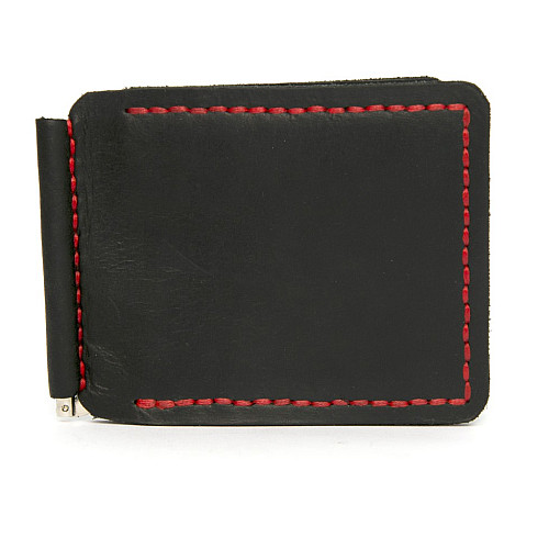 Шкіряний зажим для грошей Gofin чорний з червоною ниткою ручної роботи SKG-10015
