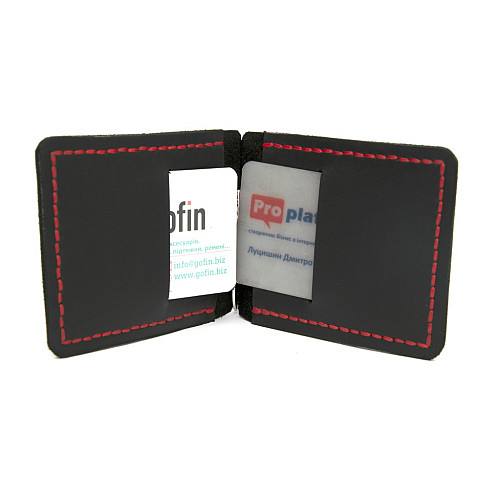 Шкіряний зажим для грошей Gofin чорний з червоною ниткою ручної роботи SKG-10015