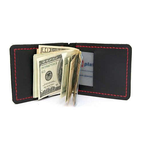 Шкіряний зажим для грошей Gofin чорний з червоною ниткою ручної роботи SKG-10015