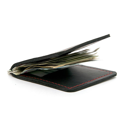 Шкіряний зажим для грошей Gofin чорний з червоною ниткою ручної роботи SKG-10015