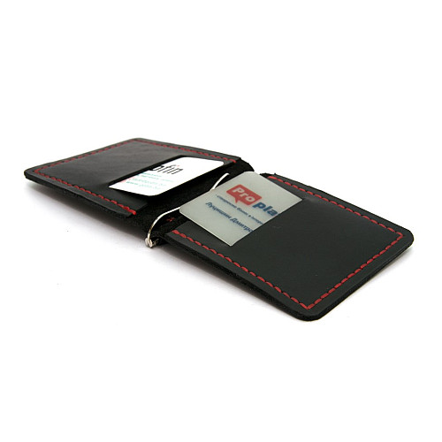Шкіряний зажим для грошей Gofin чорний з червоною ниткою ручної роботи SKG-10015
