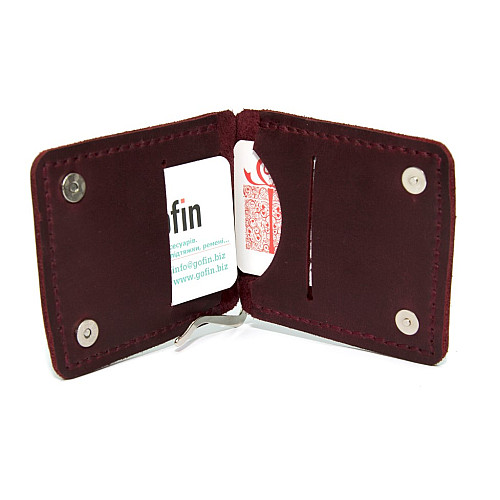 Шкіряний зажим для грошей Gofin ручної роботи бордовий на магніт SKG-10055