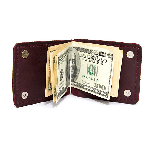 Шкіряний зажим для грошей Gofin ручної роботи бордовий на магніт SKG-10055