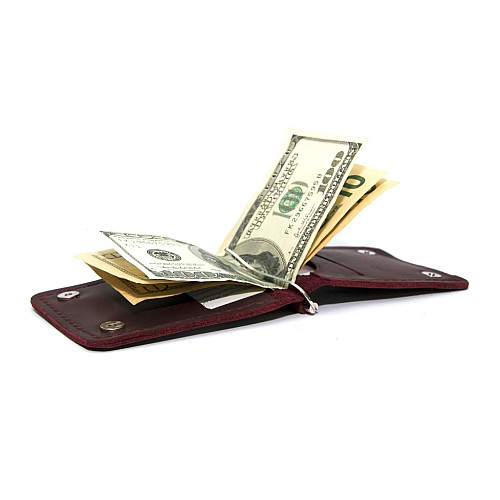 Шкіряний зажим для грошей Gofin ручної роботи бордовий на магніт SKG-10055