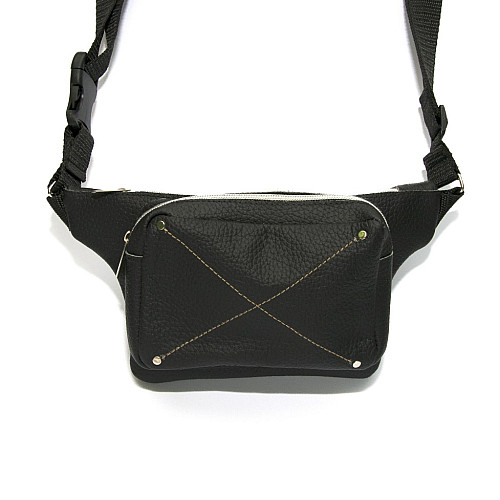 Шкіряна бананка Gofin чорна на два відділення SMK-20015