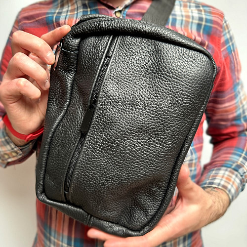 Сумка Gofin кожаная на плечо черная на три замка 25х20см SMK-20037