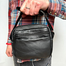 Сумка Gofin шкіряна чорна на плече на чотири відділення 22х18 см SMK-20039