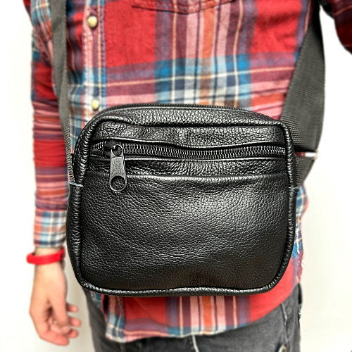 Сумка Gofin кожаная черная на плечо на четыре отделения 22х18 см SMK-20039