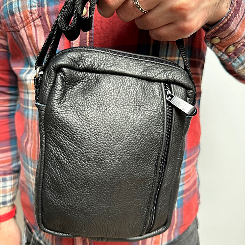 Кожаная сумка Gofin черная на плечо на четыре отделения 21х16 см SMK-20046