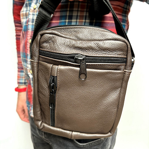 Шкіряна сумка Gofin коричнева на плече на п’ять відділень 23х20 см SMK-20052 