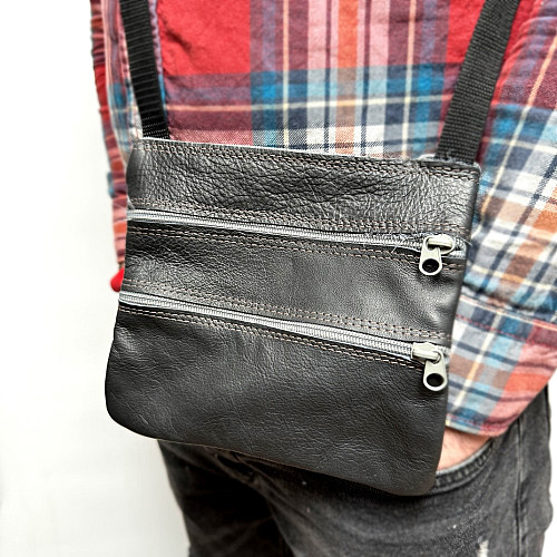 Кожаная сумка Gofin темно серая на плечо 19х17 см SMK-20054