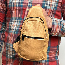 Сумка слінг шкіряна Gofin бежевана три замка 27х16 см SMK-20060