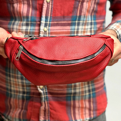 Кожаная сумка бананка Gofin красная на два отделения SMK-20061