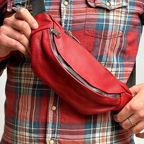 Кожаная сумка бананка Gofin красная на два отделения SMK-20061