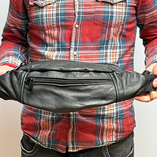 Кожаная сумка бананка Gofin чернаяа на три отделения 40х16 см SMK-20063