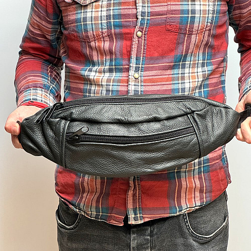 Кожаная сумка бананка Gofin чернаяа на три отделения 40х16 см SMK-20063