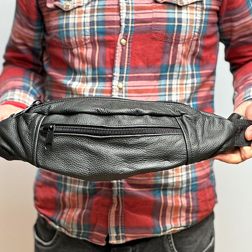 Кожаная сумка бананка Gofin чернаяа на три отделения 40х16 см SMK-20063