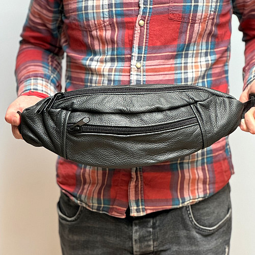 Кожаная сумка бананка Gofin чернаяа на три отделения 40х16 см SMK-20063