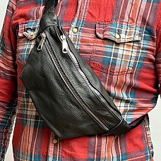 Кожаная сумка бананка Gofin чернаяа на два отделения 32х16 см SMK-20064