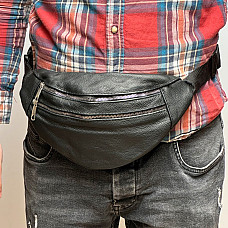 Кругла шкіряна сумка бананка Gofin чорна на два відділення 33х17 см SMK-20066