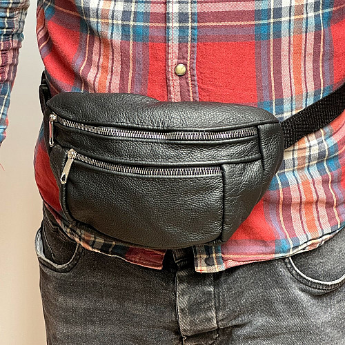 Кожаная сумка бананка Gofin черная на три замка 27х16 см SMK-20068