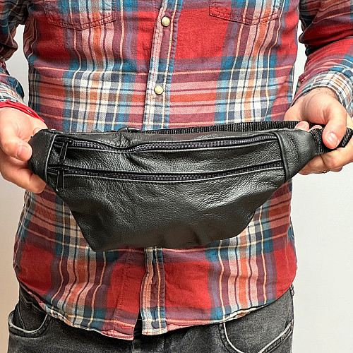 Шкіряна сумка бананка Gofin чорна на два замка 32х15 см SMK-20069