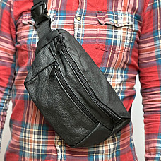 Шкіряна сумка бананка Gofin велика чорна на три замка 31х19 см SMK-20070