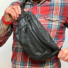 Шкіряна сумка бананка Gofin чорна класична на три відділення 28х15 см SMK-20071