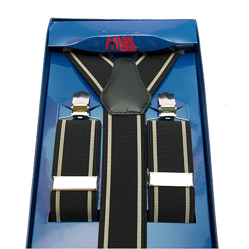 Мужские подтяжки Gofin Y образные черные с бежєвой полоской подарочные PU-0482