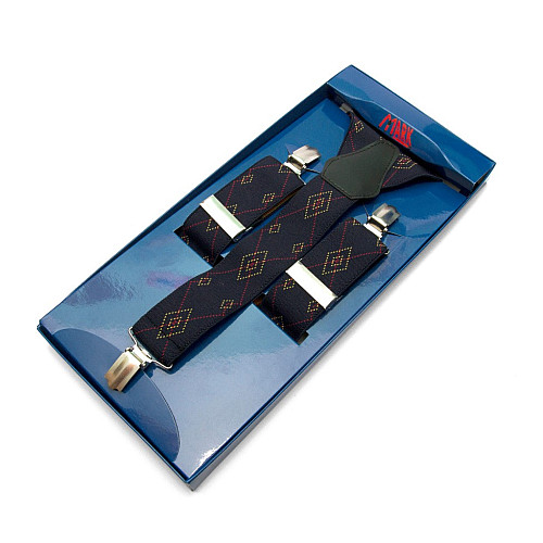 Мужские подтяжки Gofin Y образные темно-синие з ромбами подарочные PU-0489