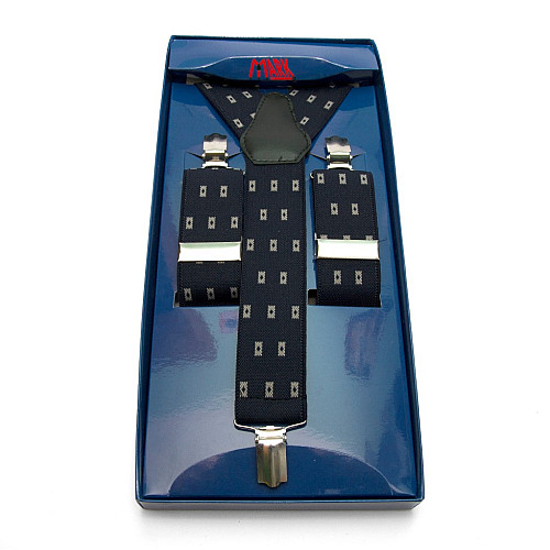 Чоловічі підтяжки Gofin Y образні темно-сині з бежевими квадратиками подарункові PU-0493