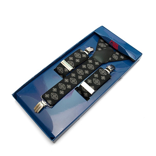 Мужские подтяжки Gofin Y образные черные с бежевым рисунком подарочные PU-0495