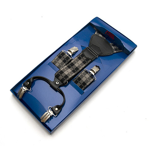 Подтяжки Gofin подарочные черно-серые в квадратики Y образные PU-0508