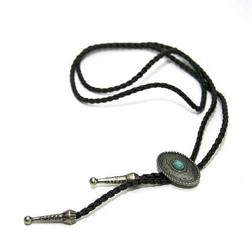 Галстук боло Gofin серебристый овальный с бирюзовым камушком BOLO-52083