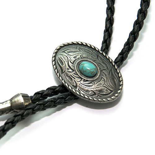 Галстук боло Gofin серебристый овальный с бирюзовым камушком BOLO-52083