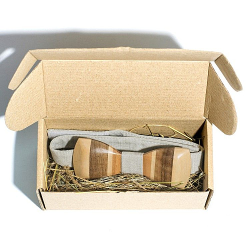 Деревянная галстук бабочка Gofin объемная светлая-темная в полоску GBDH-8004