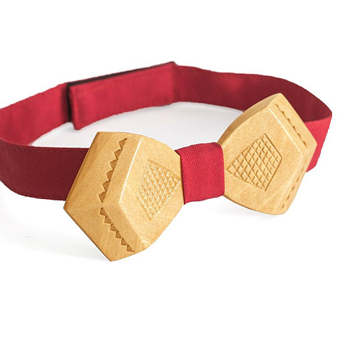 Деревянная галстук бабочка Gofin в ромбики с красной тканью GBDH-8021