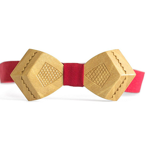 Деревянная галстук бабочка Gofin в ромбики с красной тканью GBDH-8021