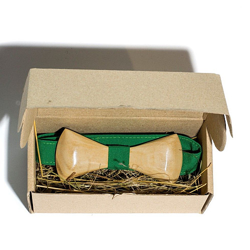 Деревянная галстук бабочка Gofin объемная с зеленой тканью GBDH-8031