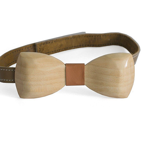 Дерев'яний краватка метелик Gofin об’ємний з коричневою шкіряною тканиною GBDH-8033