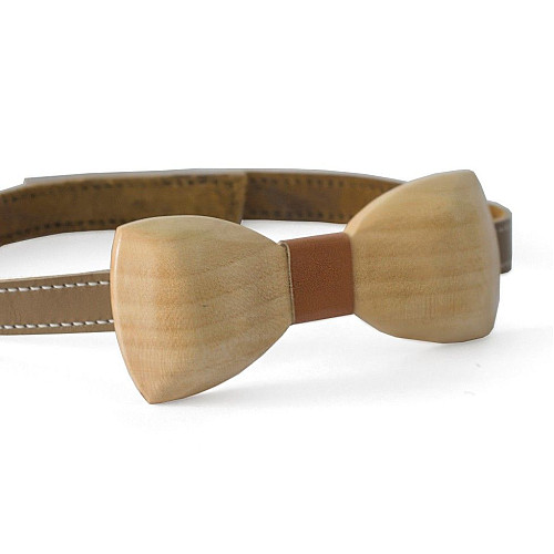 Дерев'яний краватка метелик Gofin об’ємний з коричневою шкіряною тканиною GBDH-8033