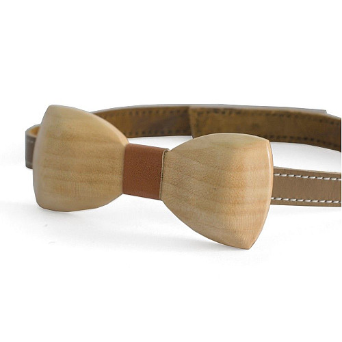 Дерев'яний краватка метелик Gofin об’ємний з коричневою шкіряною тканиною GBDH-8033