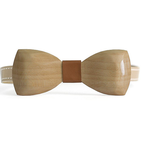 Дерев'яний краватка метелик Gofin об’ємний з коричневою шкіряною тканиною GBDH-8033