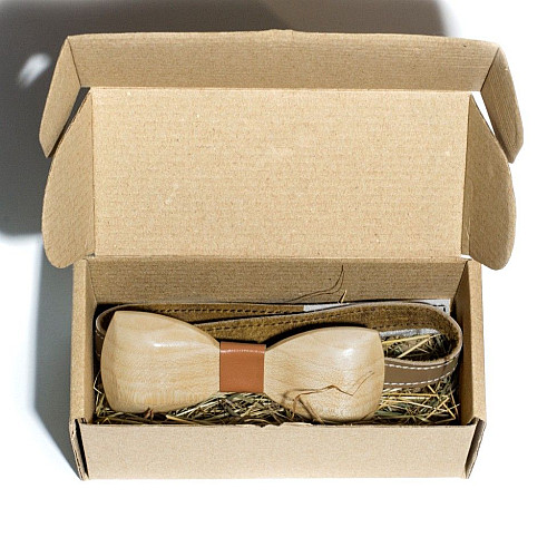 Дерев'яний краватка метелик Gofin об’ємний з коричневою шкіряною тканиною GBDH-8033