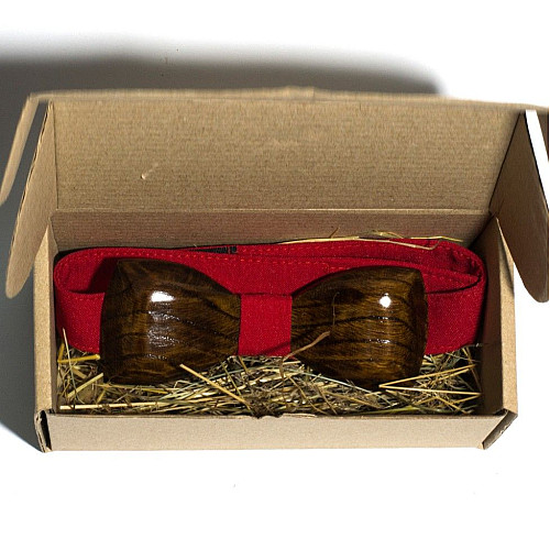 Деревянная галстук бабочка Gofin объемная матовая темная с красной тканью GBDH-8047