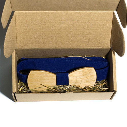 Деревянная галстук бабочка Gofin классическая с синей тканью GBDH-8049