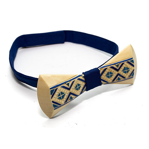 Деревянная галстук бабочка Gofin синяя с рисунком вышивка GBDH-8332