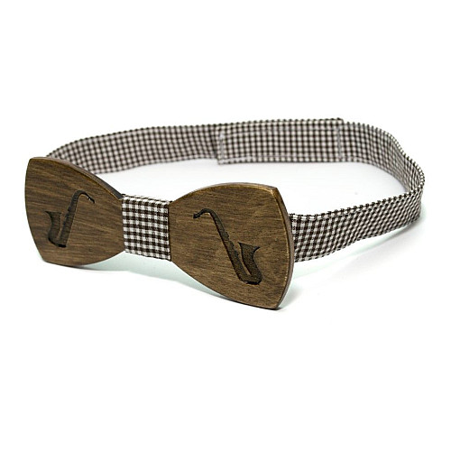 Деревянная галстук-бабочка Gofin темная с саксофоном GBDH-8358