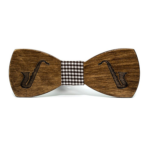 Деревянная галстук-бабочка Gofin темная с саксофоном GBDH-8358